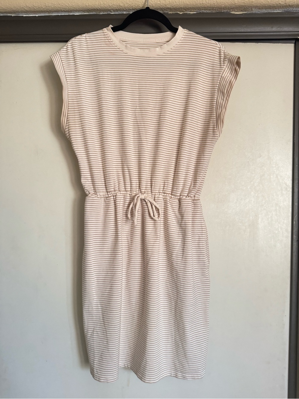 White and Light Brown Striped Drawstring Dress